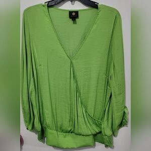 JM Collection Lime Green Draped V-Neck Blouse